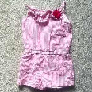 Seersucker romper Girls Size 7 - Pink white stripe summer romper Gymboree